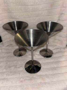 Set of 3 Vintage B&B The Cognac Liqueur Brushed Stainless Steel Martini Glasses